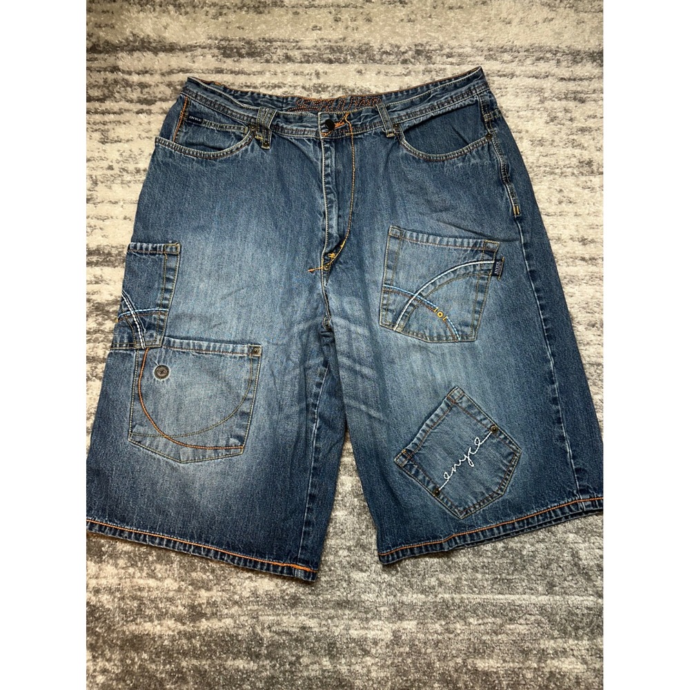 Enyce Denim Shorts Mens 38 Blue Embroidered Baggy Y2K Hip Hop‎ Cargo Jean Shorts